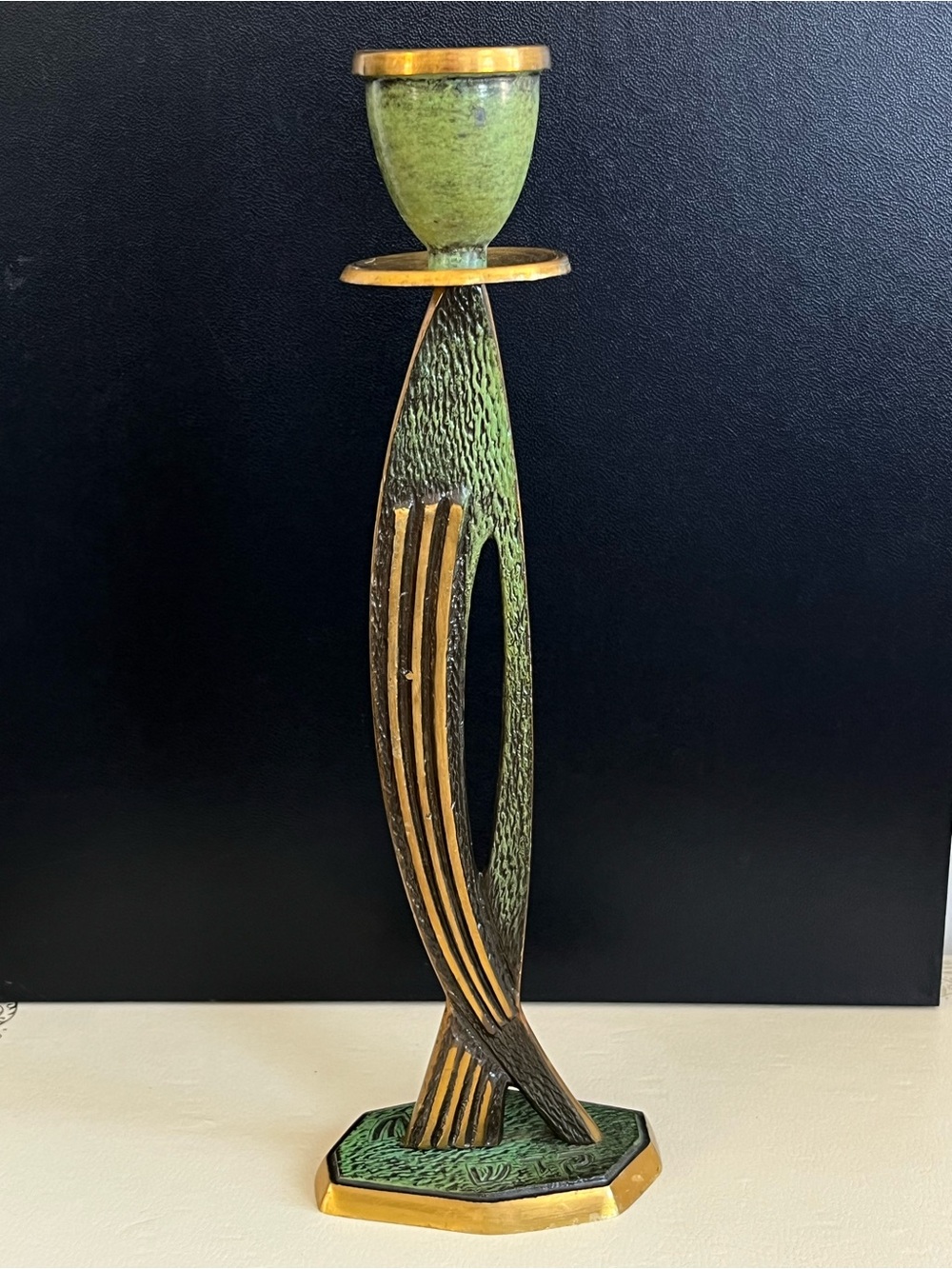 Art Deco Green and Gold Textured Metal Art Candle Holder Brass